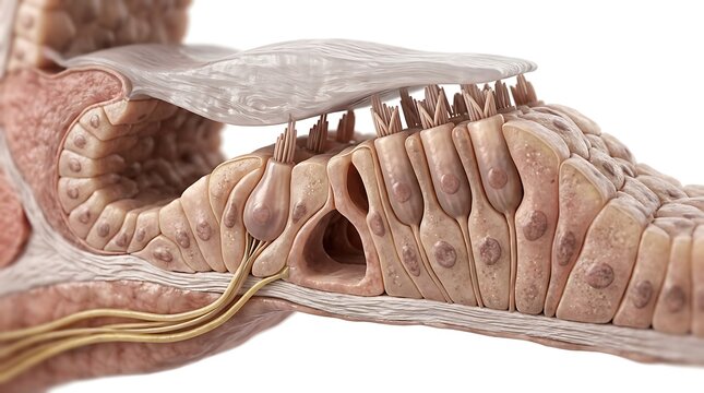 Microscopic Anatomical Illustration of Epithelial Tissue Cells with Cilia and Nerve Connections