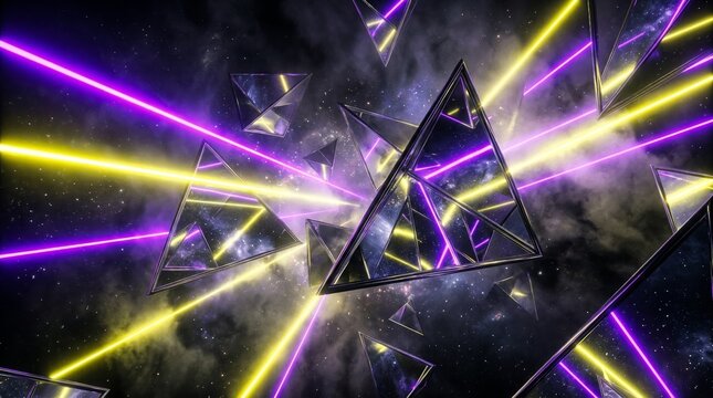 Abstract Geometric Triangle Fragments With Neon Laser Beams In Deep Space Background