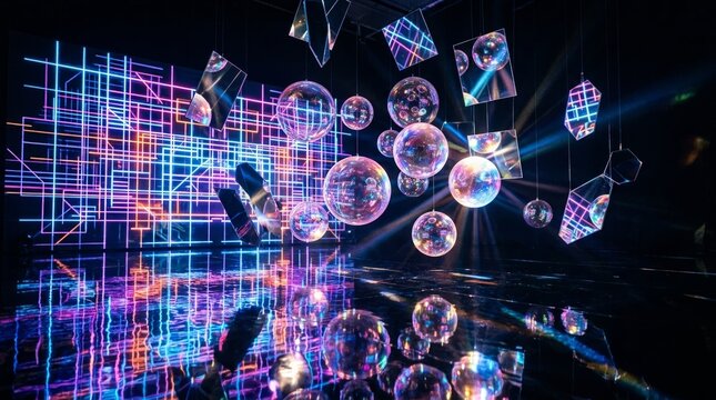 Abstract Digital Art Installation With Floating Mirror Spheres And Neon Grid Patterns In Dark Space