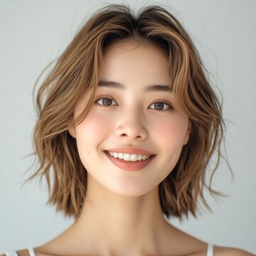 Portrait of a beautiful young East Asian woman with a short wavy bob haircut smiling