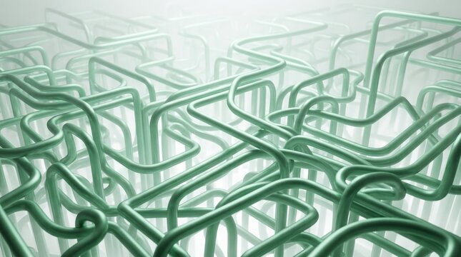 Abstract Complex Green Pipe Network Maze On Soft White Foggy Background