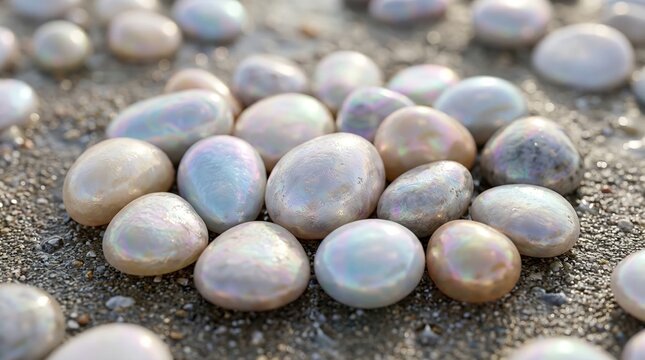 Iridescent Sea Pearls Scattered On Sandy Shore With Soft Natural Sunlight Close Up Macro Photography