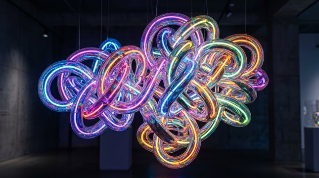 Abstract Neon Glowing Kinetic Sculpture Suspended In Dark Contemporary Gallery Interior Setting