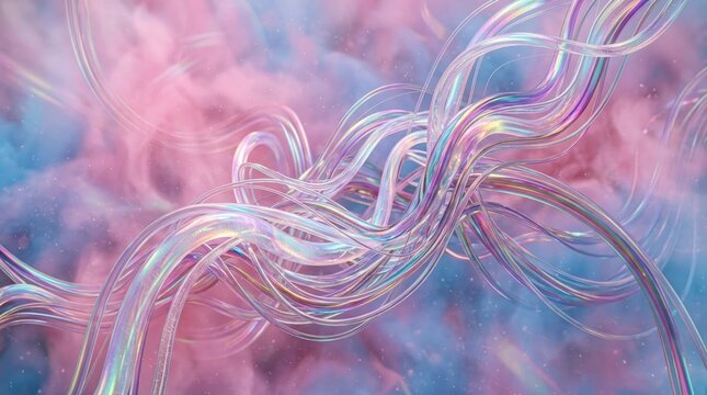 Abstract Iridescent Glowing Flowing Ribbons With Pink And Blue Nebula Clouds Background