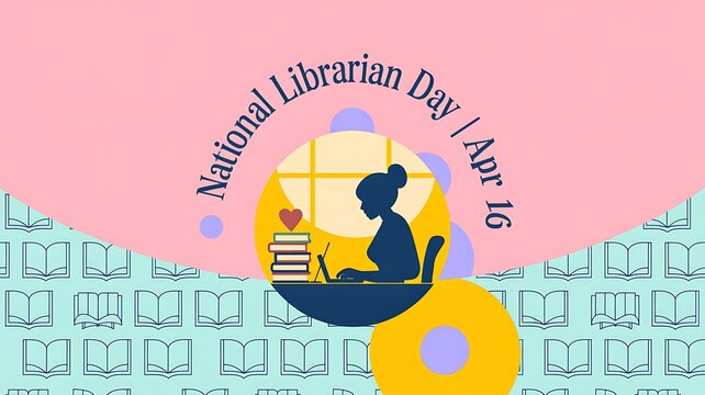 National librarian day greeting card illustration featuring a reader silhouette book stack education day learning