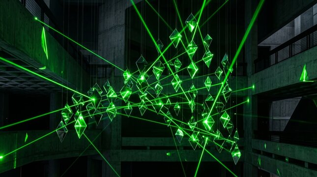 Neon Green Laser Beams Intersecting Floating Crystal Structures In A Dark Brutalist Interior