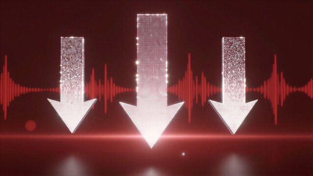 Three glowing arrows descend over sound waves, symbolizing audio reduction or decline.