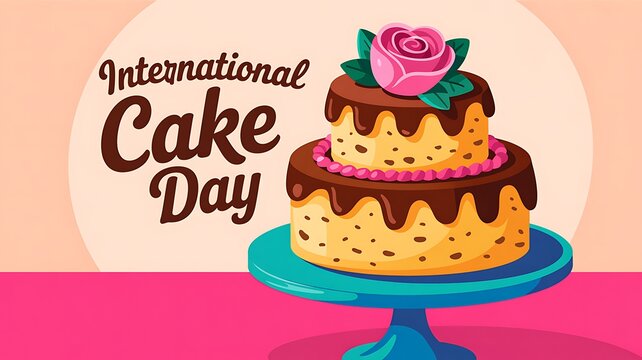 International cake day banner illustration featuring a two tier frosted cake with chocolate drip and pink rose