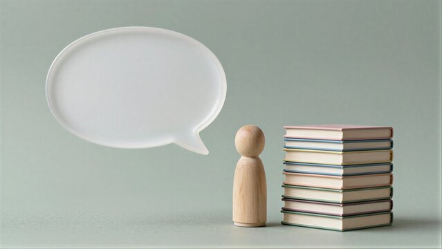 Wooden figure stands beside stacked books, speech bubble floats above.