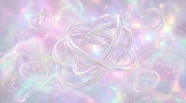 Iridescent Interconnected Rings Floating In A Dreamy Pastel Nebula Background With Soft Glow Effects