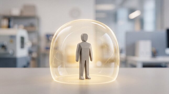 Abstract human figure standing inside glowing transparent protective bubble on office desk surface with mannequin enclosed glowing blurred office background transparent dome