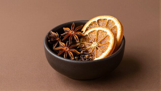A bowl holds star anise and dried orange slices, warm spices for cozy flavors.