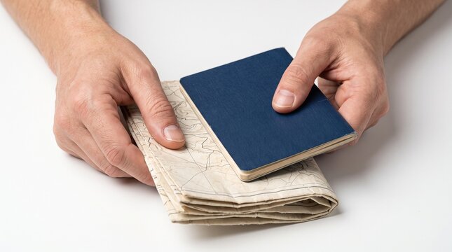 A close-up shot of a person's hands holding a blue passport and a stack of linen napkins. The hands are positioned over the napkins, with the passport resting on top