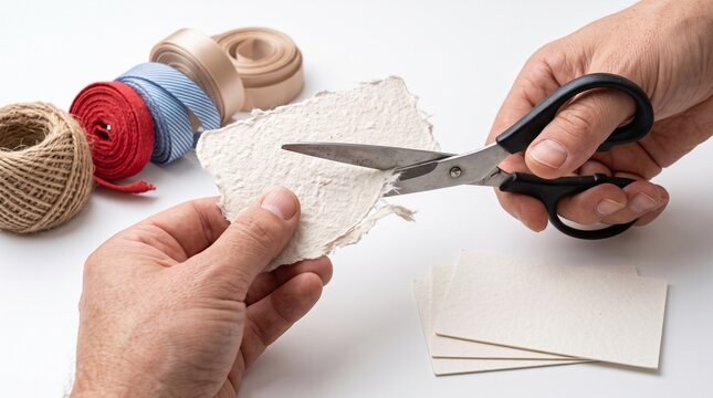 Hands are cutting a piece of textured paper with scissors. Ribbons and twine are visible nearby.