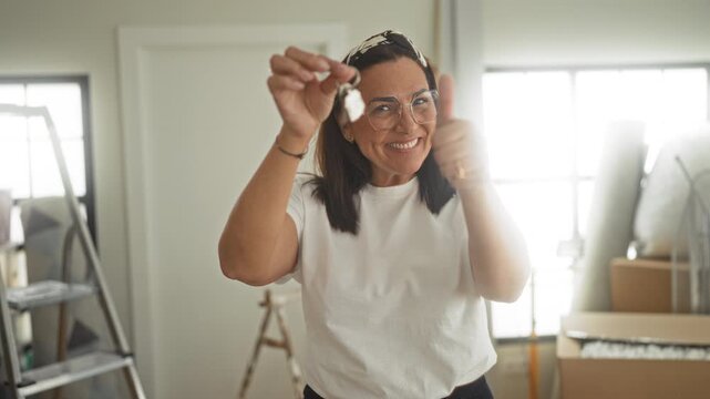 Woman holding key and giving thumbs up in building amid boxes and ladder visible, wearing glasses and white tshirt; new home joy.