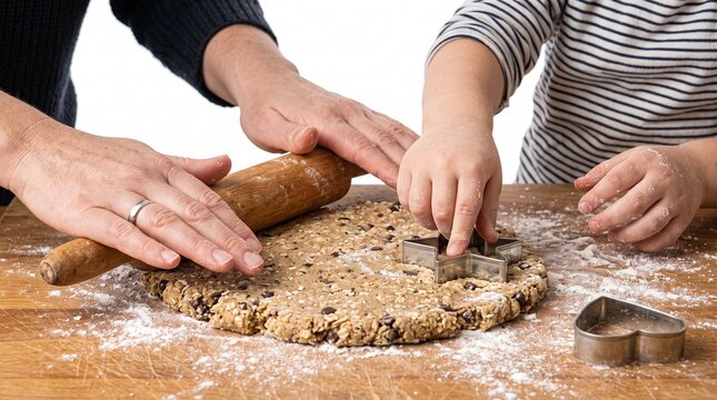 Hands of an adult and child rolling dough and cutting out cookies, engaged in a baking activity together