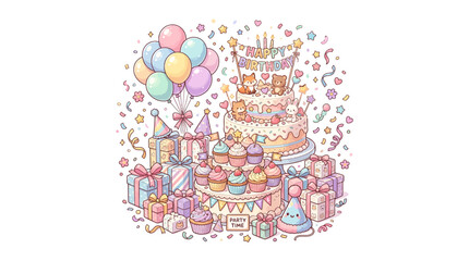 Naklejka premium Cute Birthday Celebration with Cake and Gifts