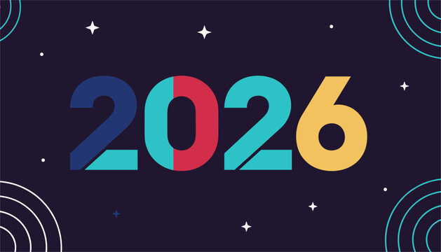 Colorful typographic design featuring the year twenty twenty six with geometric star shapes on a dark purple starry night background.