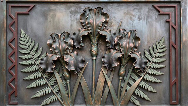 Bronze iris and fern relief on dark metal panel with ornate frame.