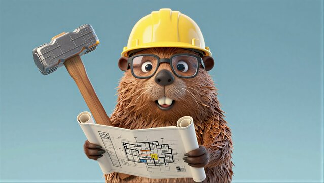 Funny beaver in hard hat holds hammer and blueprint, ready for construction work.