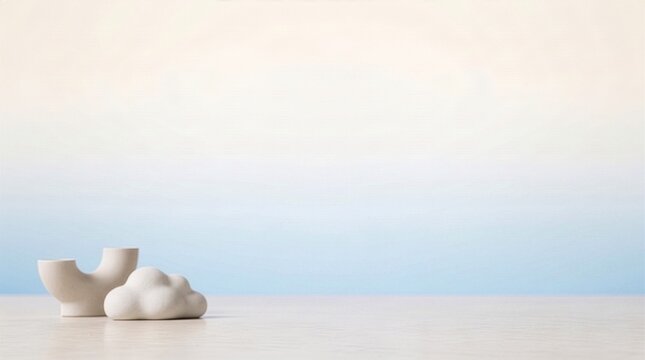 Minimal Pastel Studio Background with Cloud Object and Ceramic Podium for Product Display Mockup アイボリーとブルーのグラデーション背景に雲のオブジェクトと陶器台座を配置したコスメ用モックアップ背景素材