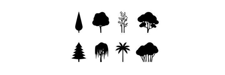 Obraz premium Tree set with various silhouettes featuring conifer, palm, deciduous, evergreen with foliage and branches