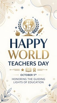 Elegant greeting card design for World Teachers Day celebration with globe and educational icons.
