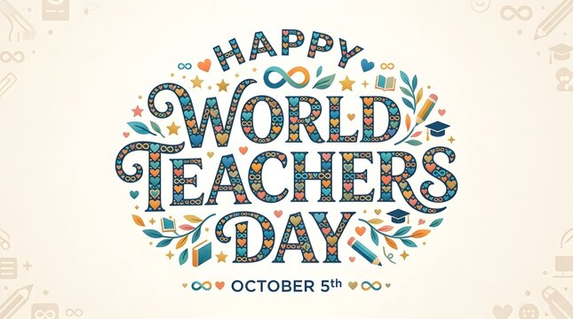 Decorative lettering design for World Teachers Day celebration on October 5th with school icons.