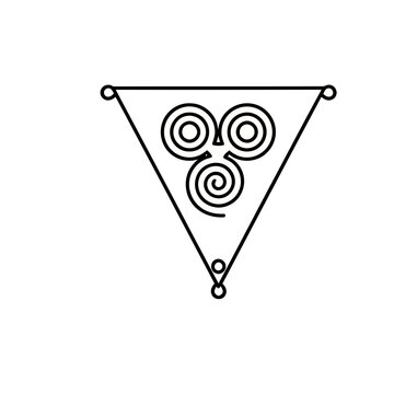 Black and white abstract symbol with spirals and triangle