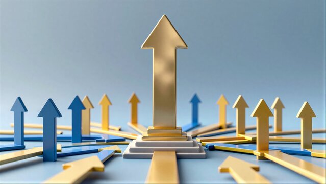 Large arrow leads upward, surrounded by smaller arrows symbolizing growth and direction.