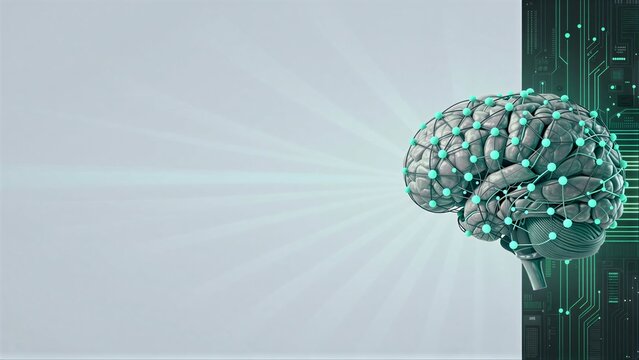 Brain merges with circuitry, symbolizing AI's fusion of human thought and technology.