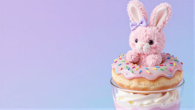 Pink bunny sits atop a colorful donut, nestled in a sweet dessert cup.