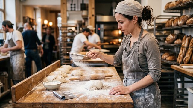 Baker sifting flour onto dough on a wooden table in a bakery with racks of bread in the background