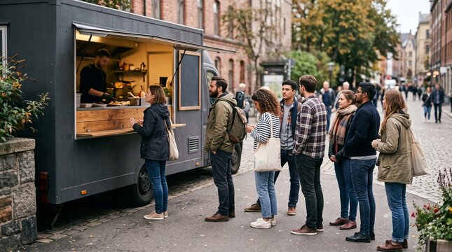 Diverse group of people queueing at a food truck on a city street during the day
