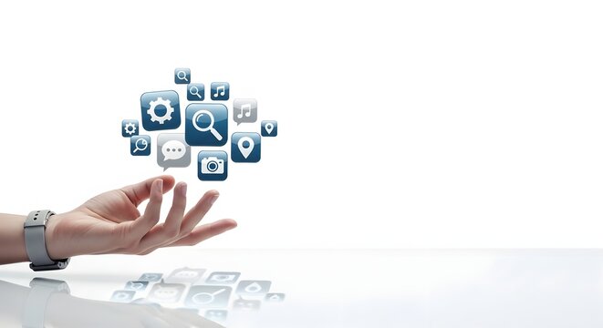 Human hand interacting with a group of floating digital application icons representing technology, cloud connectivity, and mobile software services