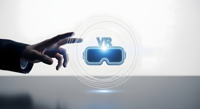 Hand Interacting with a Virtual Reality Headset Icon Representing Advanced Digital Simulation and Future Immersive Gaming Technology