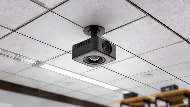 White Ceiling Projector Mounted on Acoustic Tile Ceiling in Classroom