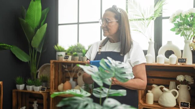 Woman florist in apron holds tablet while arranging potted plants and ceramic vases inside a shop building; calm concentration.