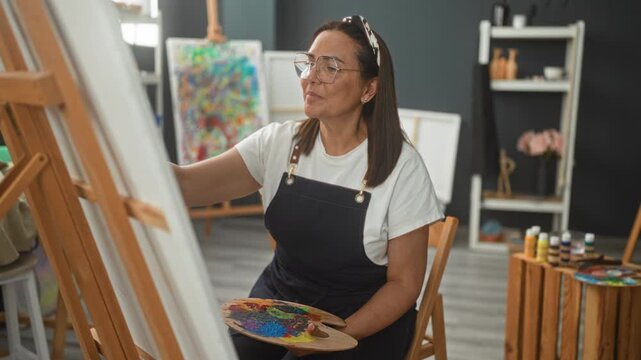 Woman painter in apron holds palette and paints on stretched canvas at easel in studio; creative focus serenity.
