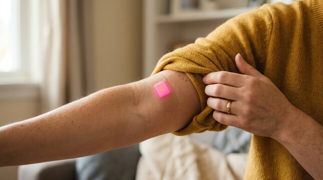 A person reveals a pink medical patch on their arm by pulling up their sleeve, signifying health monitoring or treatment
