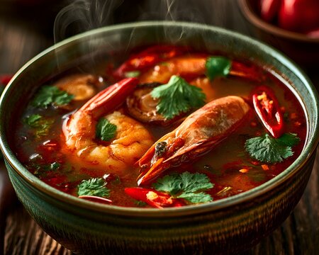 Close-up of steaming hot Tom Yum Goong soup with large prawns and chili peppers