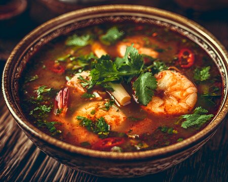 Delicious Tom Yum Goong soup with shrimp and chili in a bowl