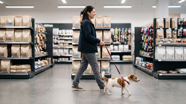 Woman walking her dog through a pet supply store aisle with shelves stocked with pet food and accessories