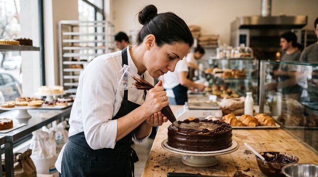 Baker Decorating Chocolate Cake with Piping Bag in a Busy Bakery