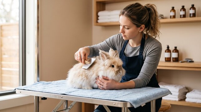 Groomer Brushing a Fluffy Lionhead Rabbit on a Grooming Table in a Bright Salon