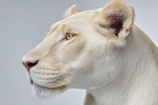 A white lion roaring in close view with open mouth combines aggressive power expression with elegant side profile structure and detailed fur texture.