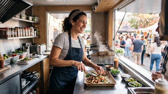 Woman preparing tacos at a food truck with a bustling street market in the background