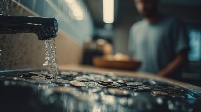 Faucet pouring water over coins sink
