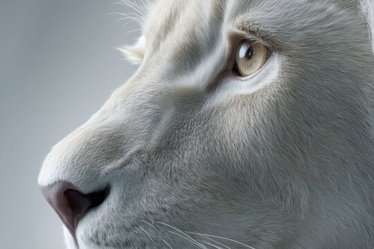 A white lion roaring in close view with open mouth combines aggressive power expression with elegant side profile structure and detailed fur texture.