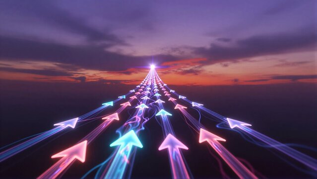 Vibrant arrows race toward a radiant sun, symbolizing forward momentum and destiny.